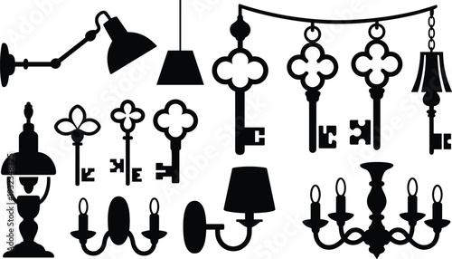 Vintage wall lamps, chandeliers and antique keys silhouettes collection, classic decorative lighting fixtures vector set isolated for interior decor