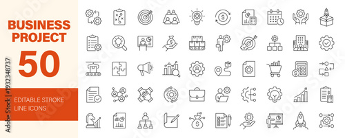 Business project icon set. Editable line icons. Vector illustration.