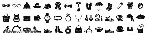 Fashion accessories icon set in black solid silhouettes with glasses, hats, scarf, tie, gloves, bags, jewelry, shoes, watch, and perfume