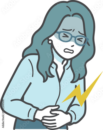 腹痛でお腹を押さえて苦しむ女性のイラスト（体調不良・胃痛）