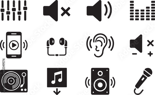 Music and sound icons set, audio control, volume, speaker, microphone, headphone, recording, playlist, equalizer silhouette vector

