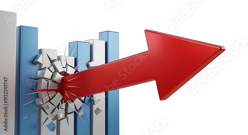 Red arrow breaks through bar graph, symbolizing success and financial growth, a powerful visual representation of exceeding expectations and achieving victory in business endeavors