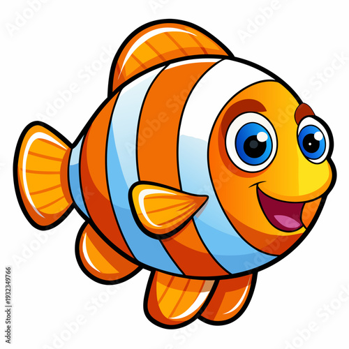 Cartoon clownfish with big blue eyes and cheerful expression