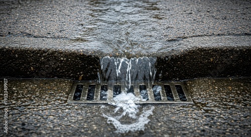 Heavy rainwater runoff streams quickly over rough gray concrete pavement and into the drainage system during a sudden storm shower, wet, liquid, curb