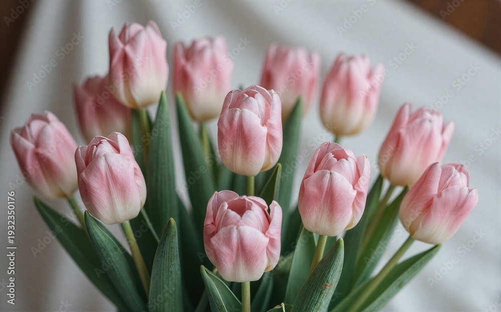 Obraz premium Pink tulips with green leaves rest gently on a soft white cloth.
