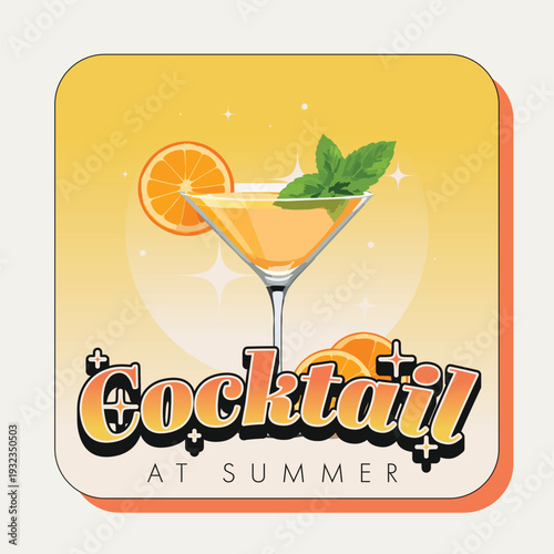 Orange and Mint Martini Glass with Typography of 'Cocktail at Summer', 1980s City Pop Style