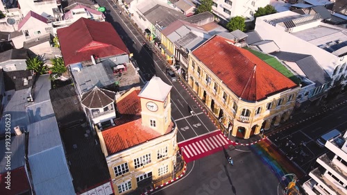 Drone footage Aerial view of Phuket Old Town night market at sunset, in Phuket, Thailand  Sino-Portuguese Architecture The morning is sunny, the weather is nice, and it's a nice place to visit.
