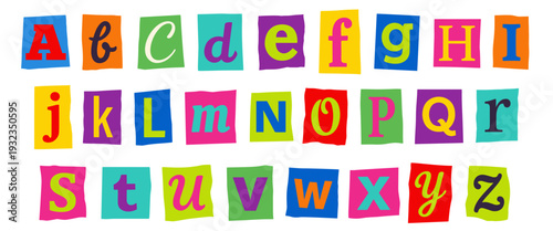 Paper cutout alphabet letters in uppercase and lowercase on colorful torn squares, scrapbook style collage, creative typography, isolated vector set
