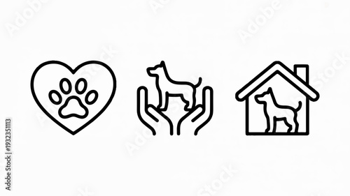 Animal shelter charity icons set with heart hands holding goat and home for pets in simple line art style