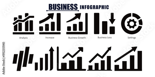 Growth icon set. Business graphs and charts icons. Statistic and data, charts diagrams, money, down or up arrow. Vector illustration