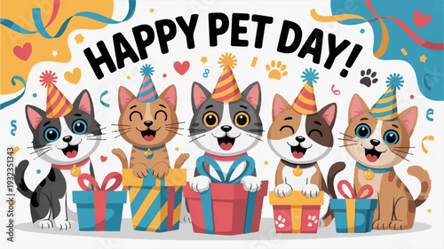 Happy pet day celebration with adorable cats wearing party hats and surrounded by colorful gifts and confetti