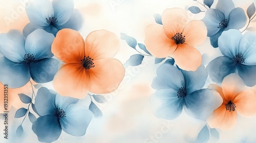 soft pastel peach and blue blossoms with delicate leaves on an airy background conveying calm serene springtime elegance