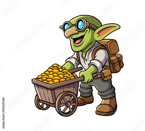 Bild auf Leinwand Happy Goblin Miner Pushing Gold Cart Fantasy Cartoon Character