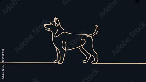 Golden dog silhouette standing on white line against black background looking left elegant minimalist pet design