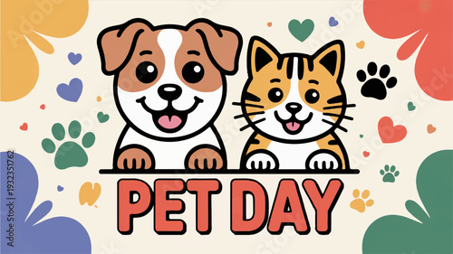 Smiling dog and cat on pet day with colorful background and paw prints