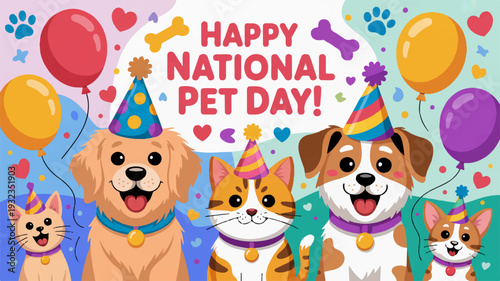 Happy national pet day celebration with dogs and cats wearing party hats and surrounded by balloons and confetti