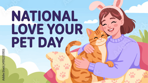 Woman hugging orange cat on national love your pet day with bunny ears on a sunny day
