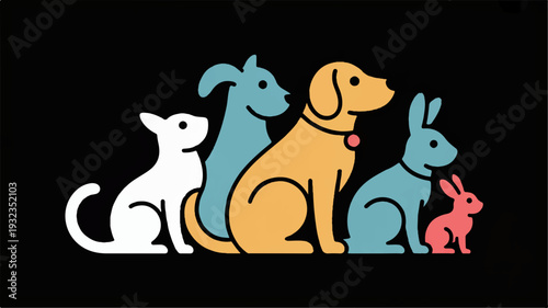 Colorful pets sitting together dog cat rabbit and blue dog against black background cute animals