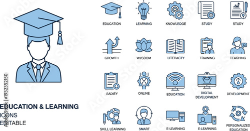 Education and learning icon set with graduation cap study online training knowledge and academic development symbols isolated on white background
