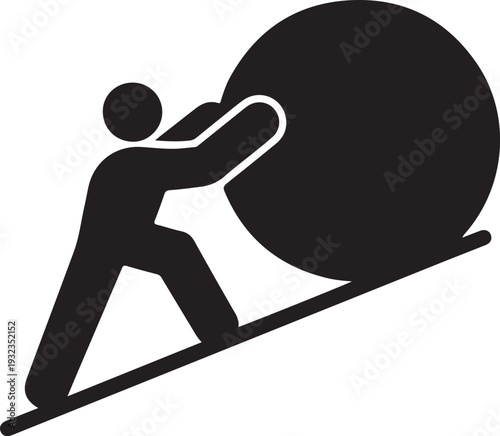 Hard work and perseverance symbol, person pushing heavy ball uphill, challenge, determination, effort, motivation silhouette vector

