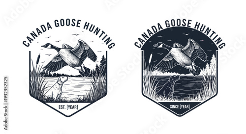 Canada Goose Hunting Emblem Emblem with Dog, Geese, and Lake Landscape