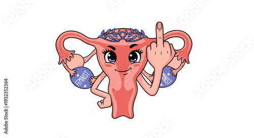 Feminist Uterus Flipping Off Middle Finger, Cartoon, Pro Choice