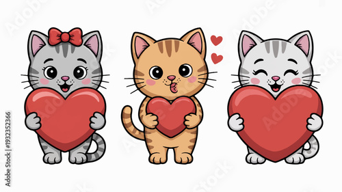 Three cute cartoon cats holding red hearts with love valentine's day affectionate animals