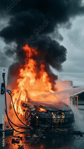 Electric Vehicle Battery Thermal Runaway Fire at Charging Station with Smoke