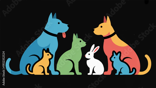 Colorful dogs and cats with rabbit sitting together in a row on black background friendship and unity concept