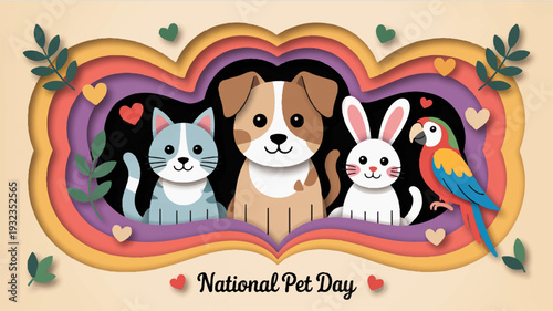 Heartfelt national pet day illustration of cat dog rabbit and parrot friends