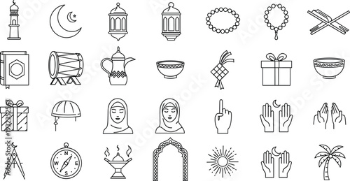 Islamic Ramadan outline icon set with mosque lantern crescent prayer hands Quran gift box drum and religious symbols vector isolated on white background
