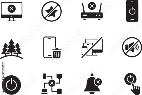 Device error icons set, technology problem, connection failure, mute symbol, power button, network issue silhouette vector

