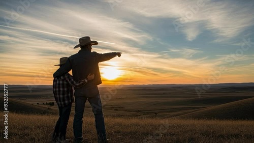 Father and Son Ranchers Watching Sunset Over Montana Plains, Generational Farming Legacy