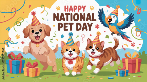Happy national pet day celebration with dog cat and parrot friends wearing party hats and surrounded by gifts on green grass