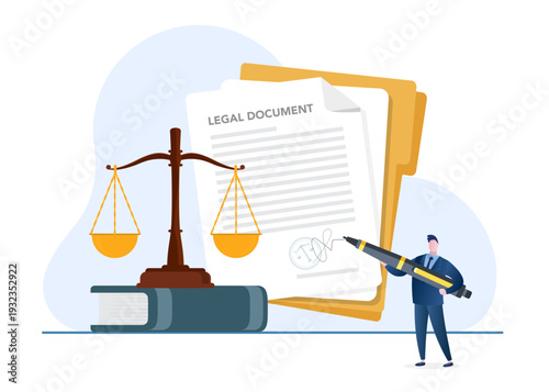 Lawyer Signing Legal Document with Scales of Justice Stock Illustration.