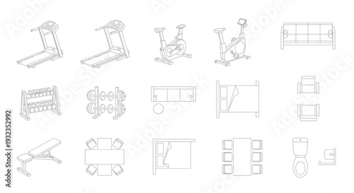 Line art interior design elements: exercise equipment, furniture, bathroom fixtures