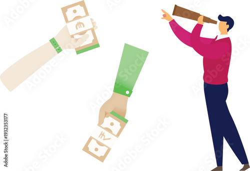 Two men depicted, both grasping money bags, representing themes of finance and prosperity.