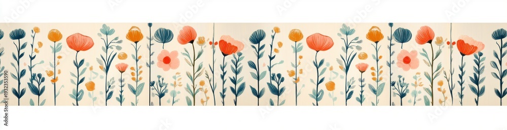 Fototapeta premium Whimsical horizontal floral border of stylized orange poppies, small yellow buds and teal foliage on a soft cream background, cheerful hand-drawn botanical illustration