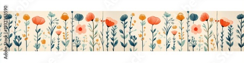 Whimsical horizontal floral border of stylized orange poppies, small yellow buds and teal foliage on a soft cream background, cheerful hand-drawn botanical illustration