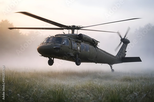 Military Helicopter Black Hawk Hovering Over Misty Grass Field at Sunrise or Sunset, Tactical Aviation in Foggy Morning, Utility Transport Aircraft Landing in Forest Clearing