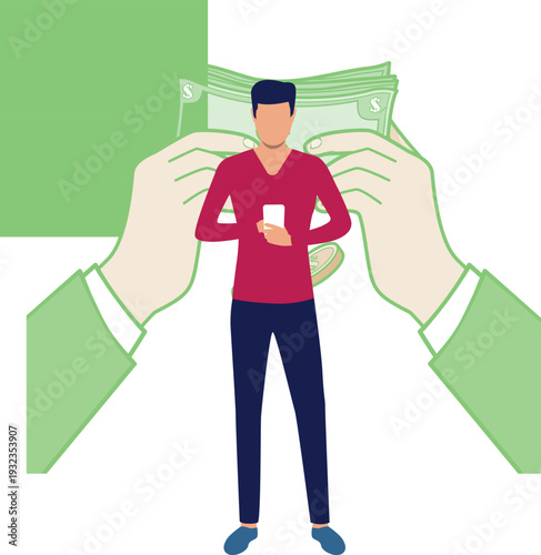 A man displays money in his hands while holding a phone, appearing attentive and ready for a transaction.