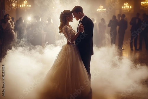 Bride and groom sharing a romantic first dance in a fog-filled ballroom with chandeliers and silhouetted guests, warm golden lighting