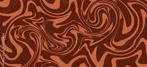 Retro coffee color background. Milk chocolate liquid dessert texture. Wavy swirl candy pattern for poster, cover, banner, pamphlet. Vintage brown trippy hippie wallpaper in 60s or 70s style. Vector