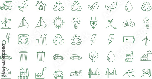 Green eco sustainability line icon set with recycling symbols electric car solar energy wind turbine factory and environmental protection elements isolated on white background
