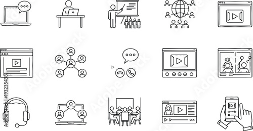 Online Learning and Digital Communication Line Icon Set with Video Streaming, Webinar, and Remote Work Symbols