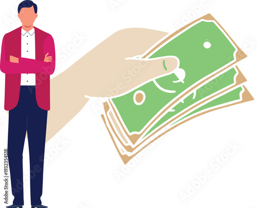 A man with money in his hand stands next to a hand wearing a pink jacket, hinting at a financial discussion or deal.