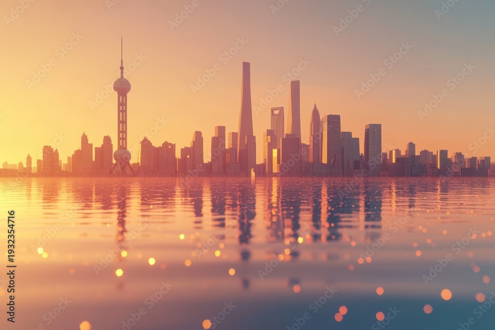 Fototapeta premium golden hour over a modern city skyline with tall skyscrapers and a distinctive tower reflected on calm water, tranquil dreamy warm atmosphere