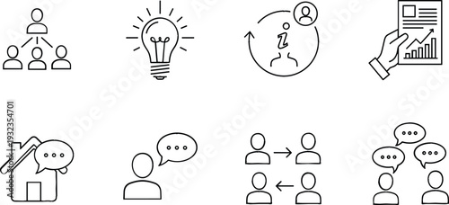 Business Communication and Social Interaction Line Icon Set with Idea, Feedback, and Collaboration Symbols