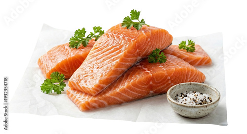 Foto Fresh Raw Salmon Fillet Portions with Parsley and Salt on White Background
