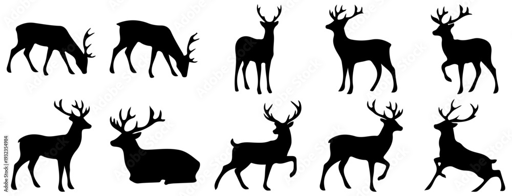 Obraz premium Set of Deer and Stag Silhouettes in Various Poses